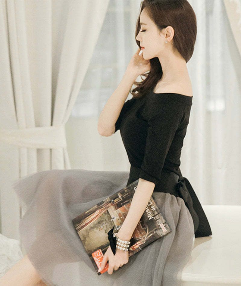 Süßes schwarzes und graues kurzes Kleid Mode Mädchenkleid 1007