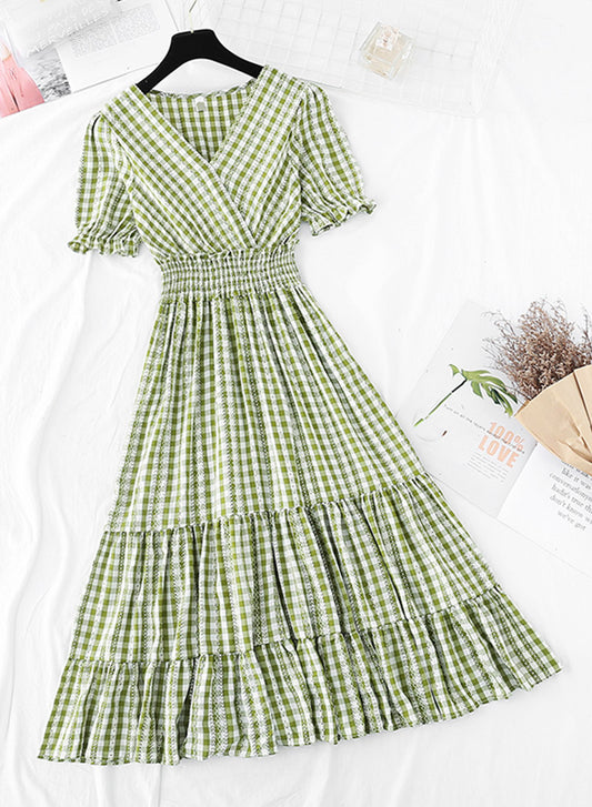 Robe à carreaux à col en V pour femme 1138