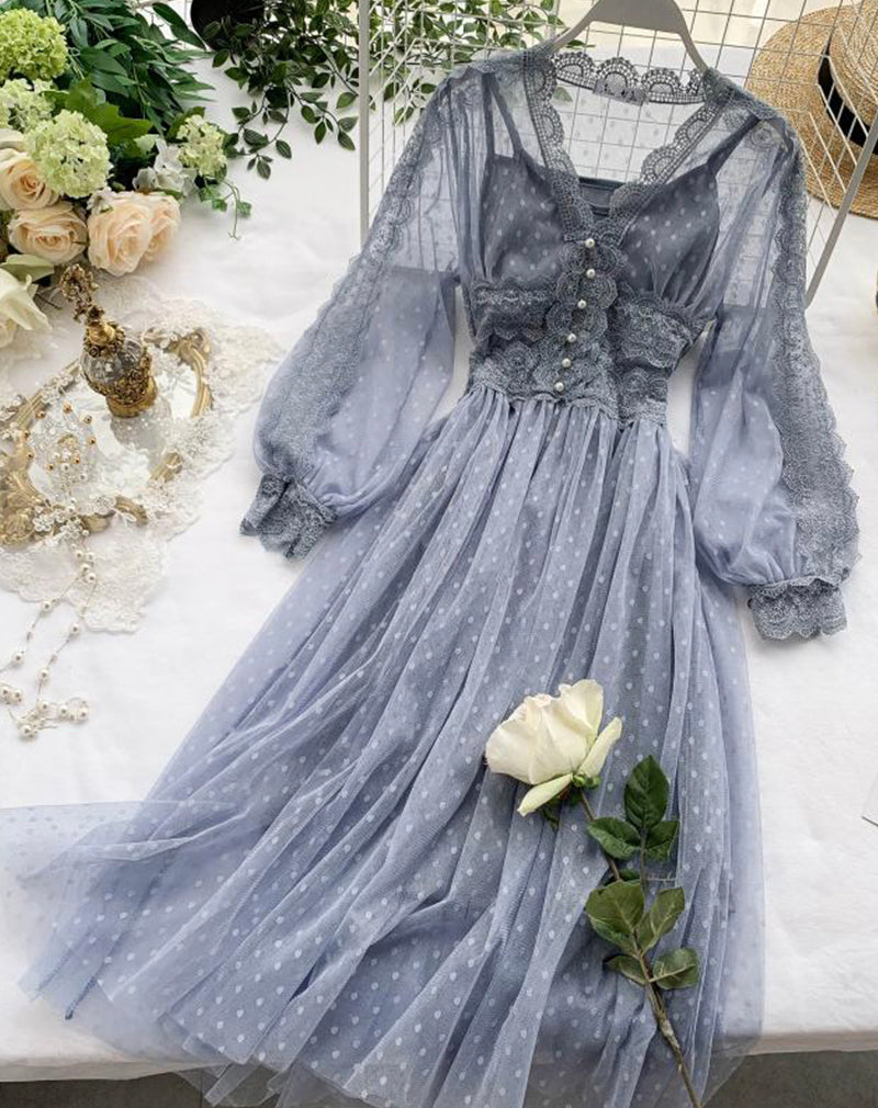 A line tulle lace long sleeve dress fashion dress  1072