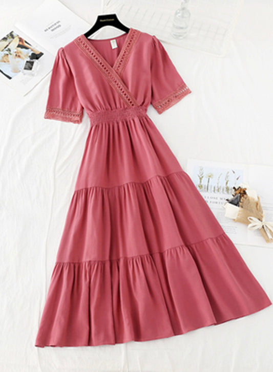 Robe en dentelle pour femme, coupe trapèze, col en V, 1136 