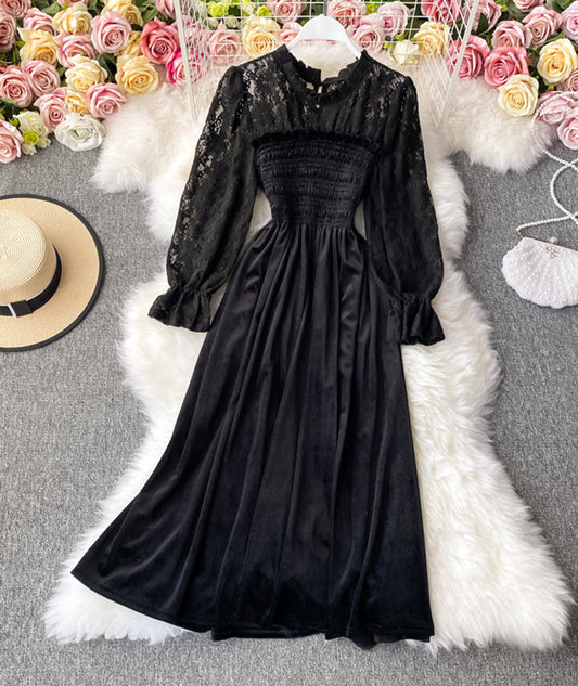 Elegant black velvet lace dress long sleeve dress  986