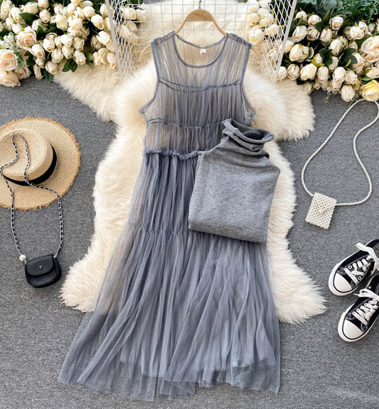 Stylish high neck bottoming shirt + sleeveless tulle dress two piece sets  991