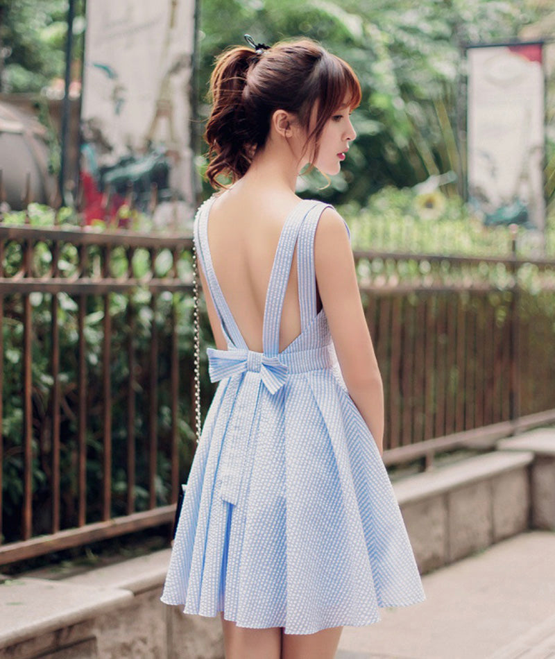 Cute blue v neck short dress with bow fashion girl dress  1008