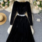 Black velvet long sleeve dress lace dress  1013