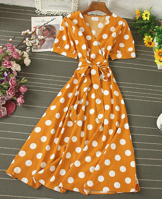 A line v neck polka dot dress fashion dress  1073