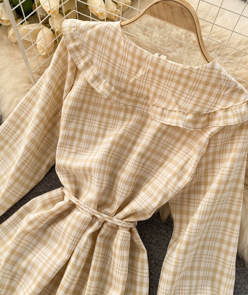Süßes Kleid in A-Linie mit langen Ärmeln und Karomuster 1030