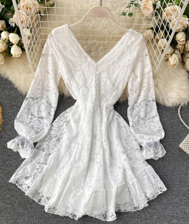 Cute v neck lace short dress lace dress  1039