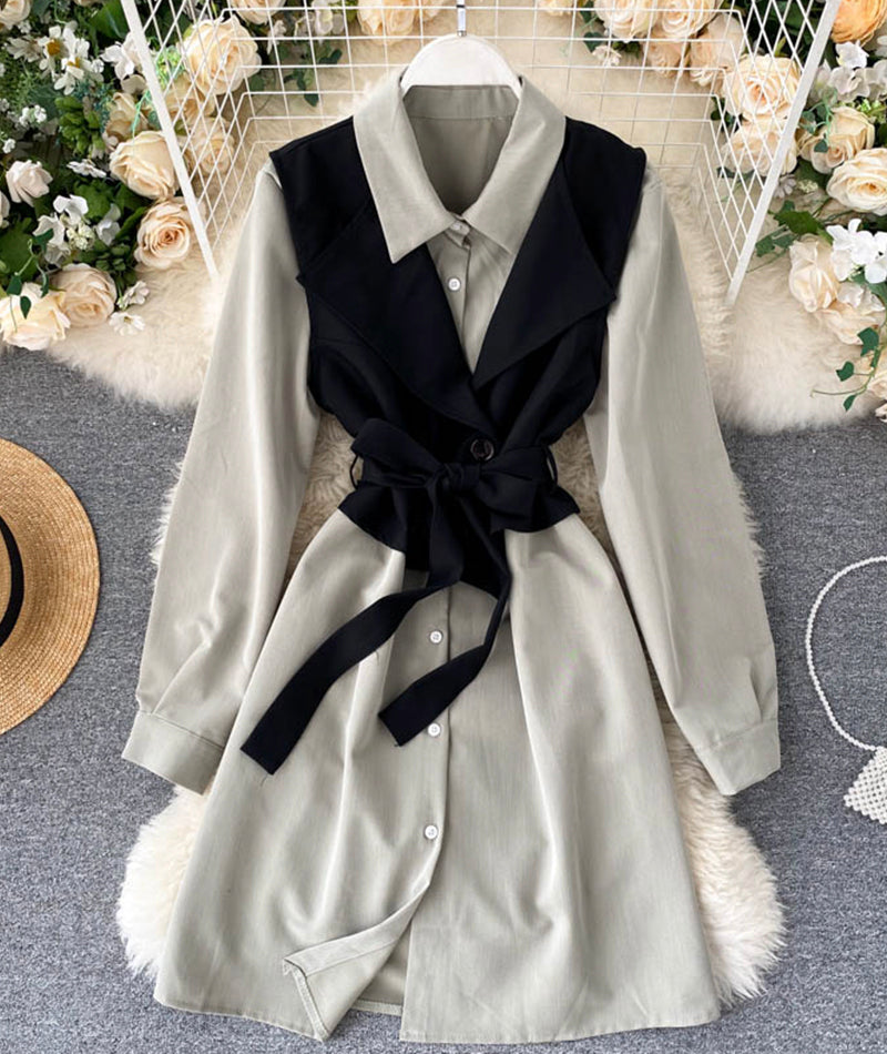 Fashionable vest + long sleeve shirt dress two pieces suit  1025