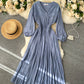 Vintage v neck pleated dress long sleeve dress  1033