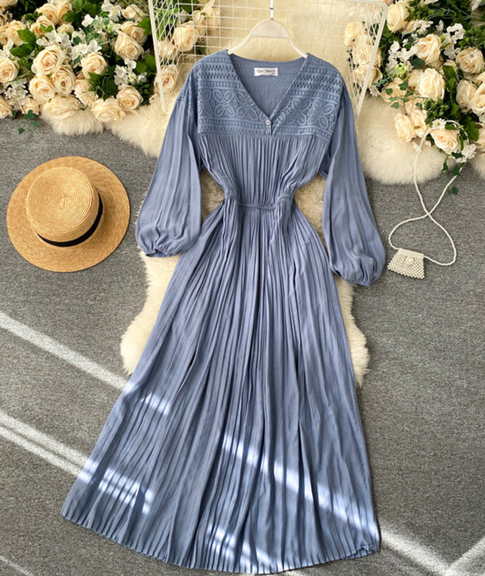 Vintage v neck pleated dress long sleeve dress  1033