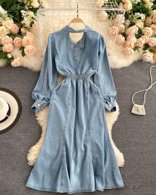Stylish denim backless dress long sleeve dress  1019
