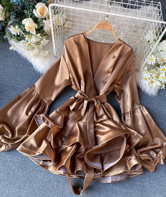 A line v neck satin short dress  988