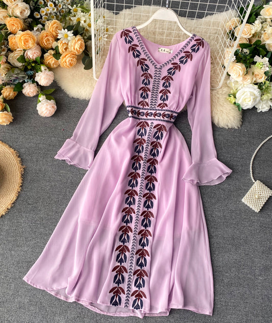 Stylish A line embroidery dress v neck chiffon dress  1016