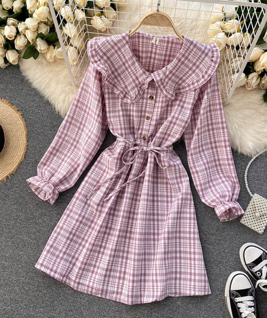 Cute A line plaid dress long sleeve dress  1030