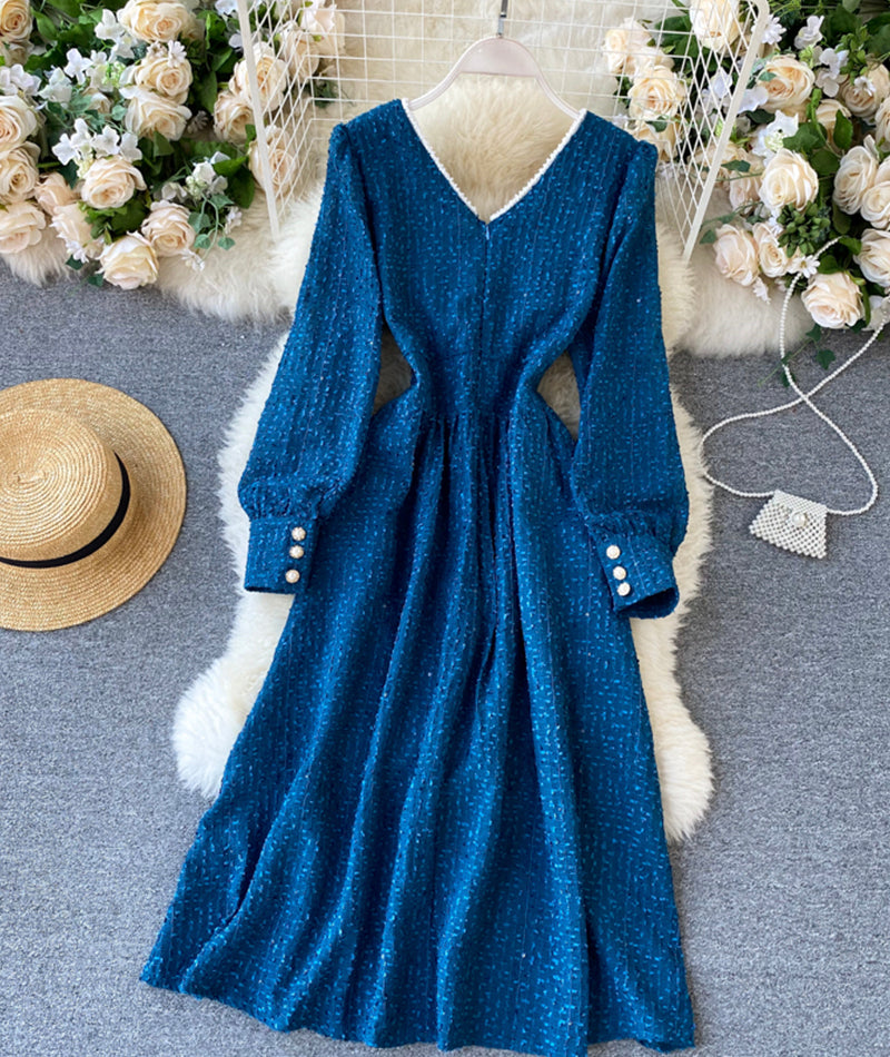 Blue v neck long sleeve dress  978