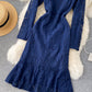 Blue round neck lace short dress long sleeve dress  955