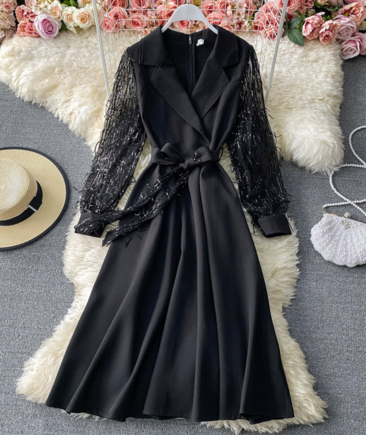 Black v neck sequins long sleeve dress  958
