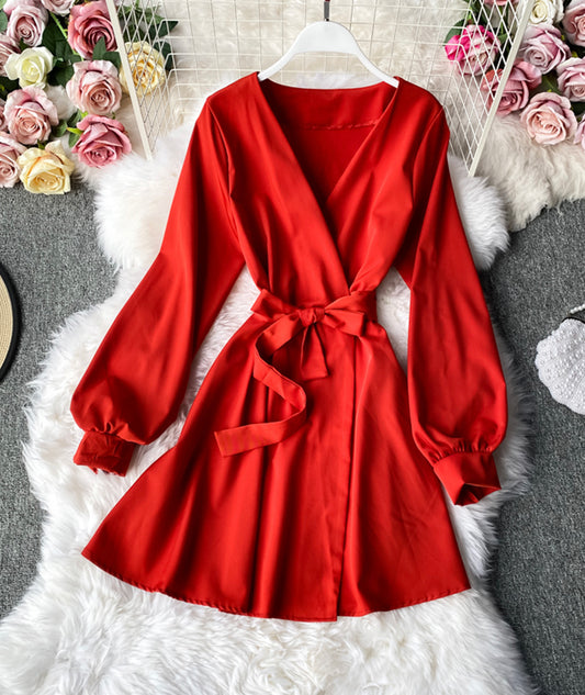 Simple v neck short dress long sleeve dress  956