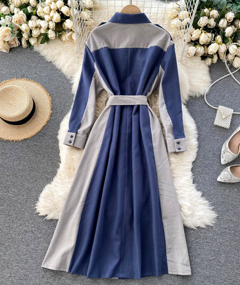 Stylish long-sleeved dress color matching slim dress  951