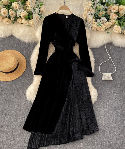 A line v neck cross irregular dress  943