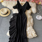 Unique V neck black dress short dress  896