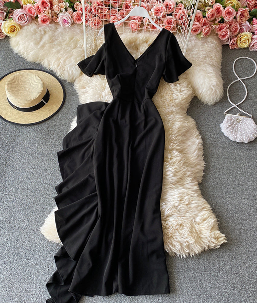 Einzigartiges schwarzes Kleid mit V-Ausschnitt, kurzes Kleid 896