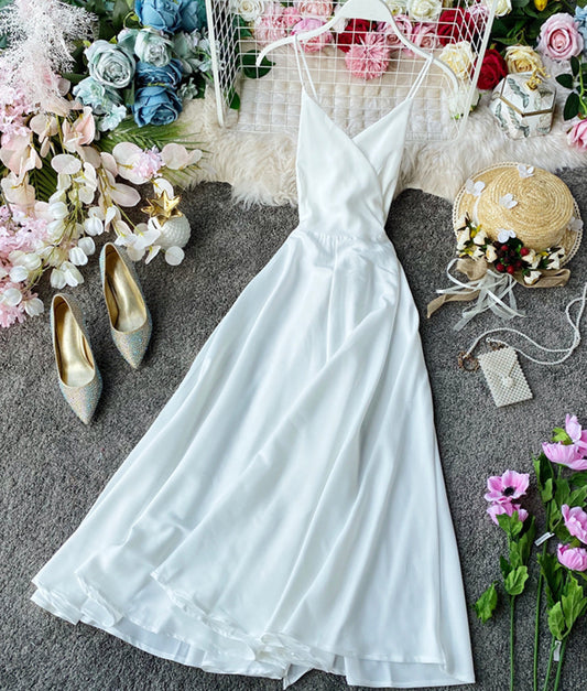 Simple A line v neck satin dress fashion girl dress  915