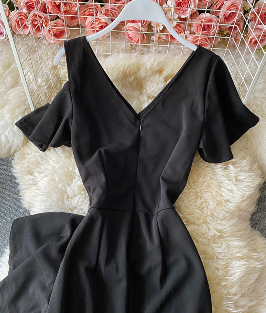 Unique V neck black dress short dress  896