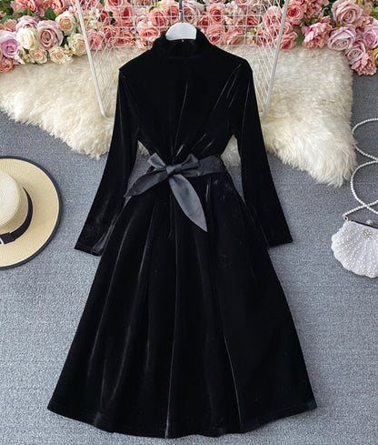 Black velvet long sleeve dress party dress  890
