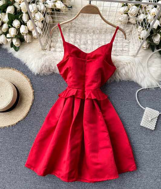 Red v neck satin short dress  909