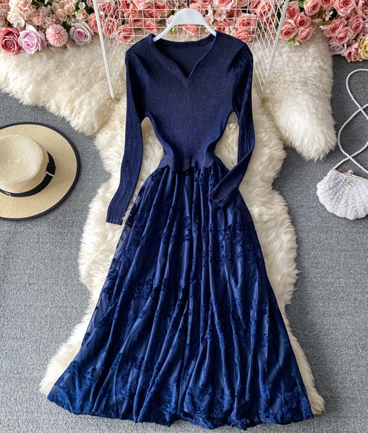 Stylish A line patchwork dress long sleeve dress  898