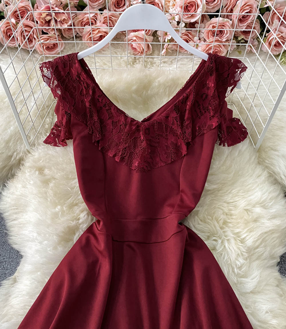 Red v neck short dress fashion dress  866
