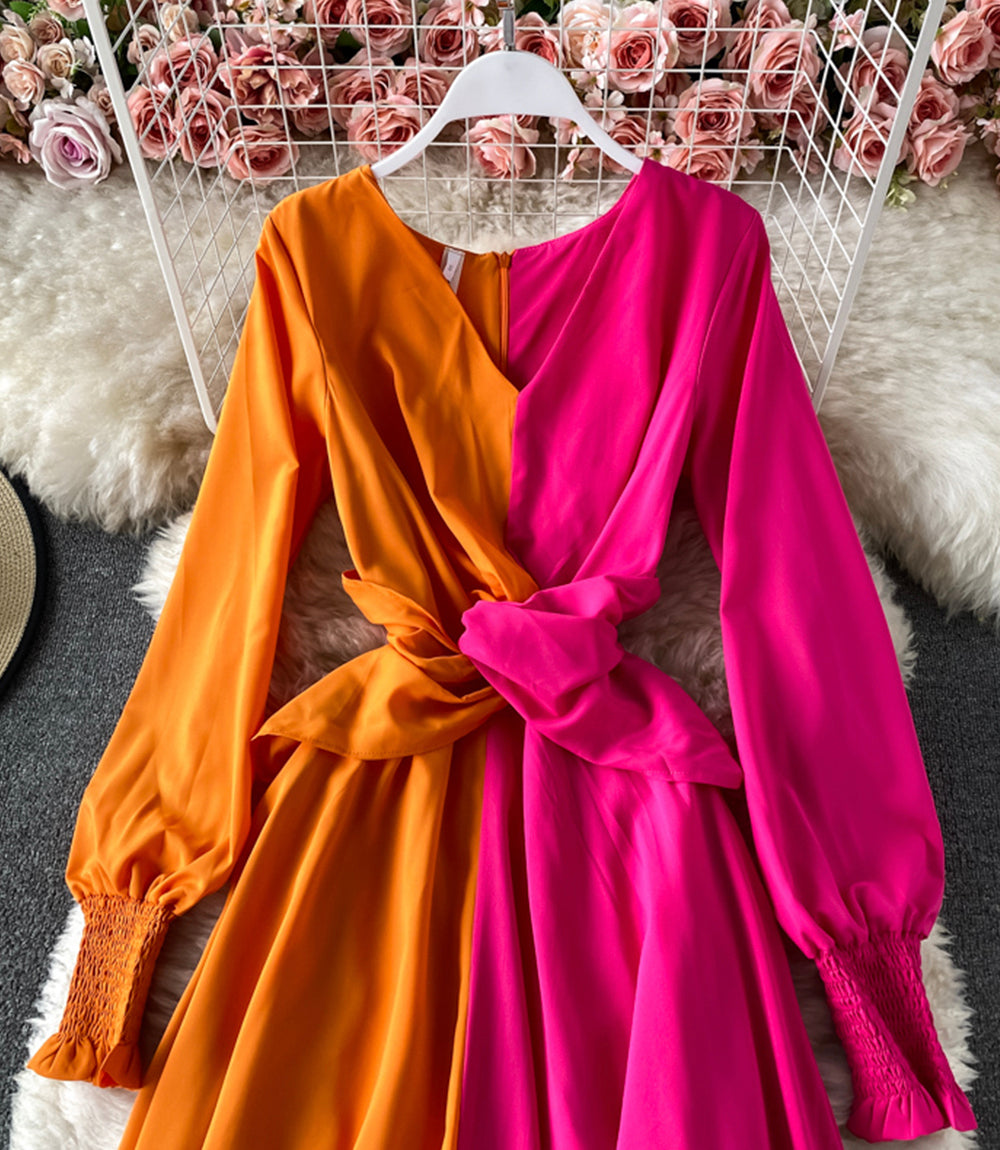 Einzigartiges langärmliges Kleid mit Farbblockierung 869