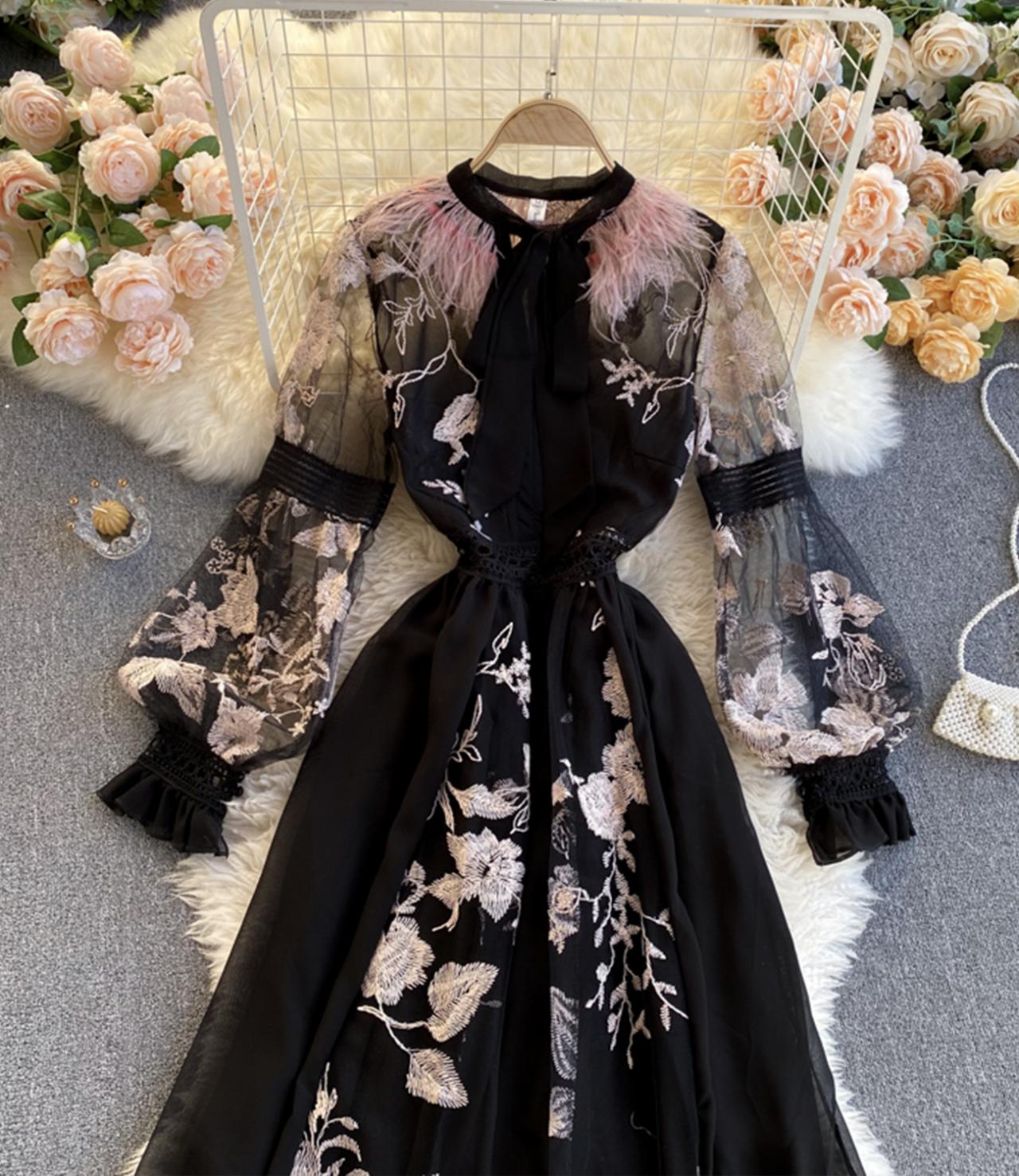 Unique A line embroidery dress black dress  828