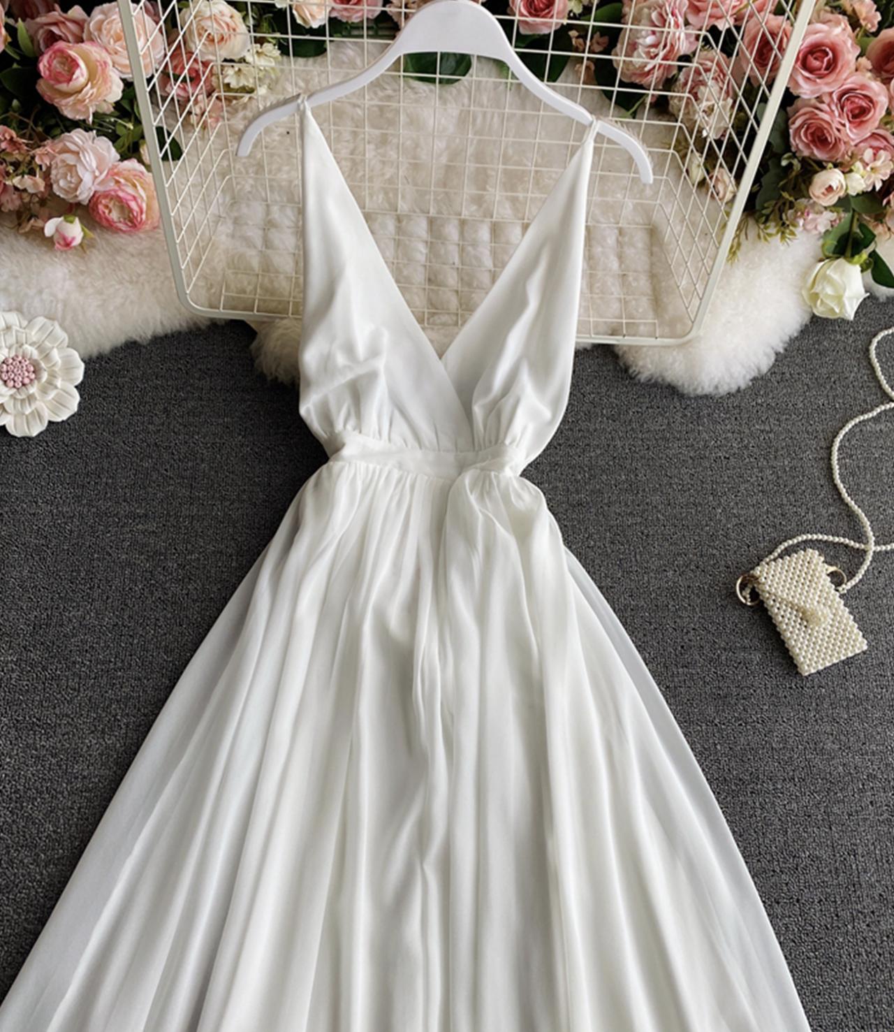 Simple A line chiffon dress white v neck dress  824