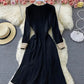 Elegant v neck lace long sleeve dress black dress  854