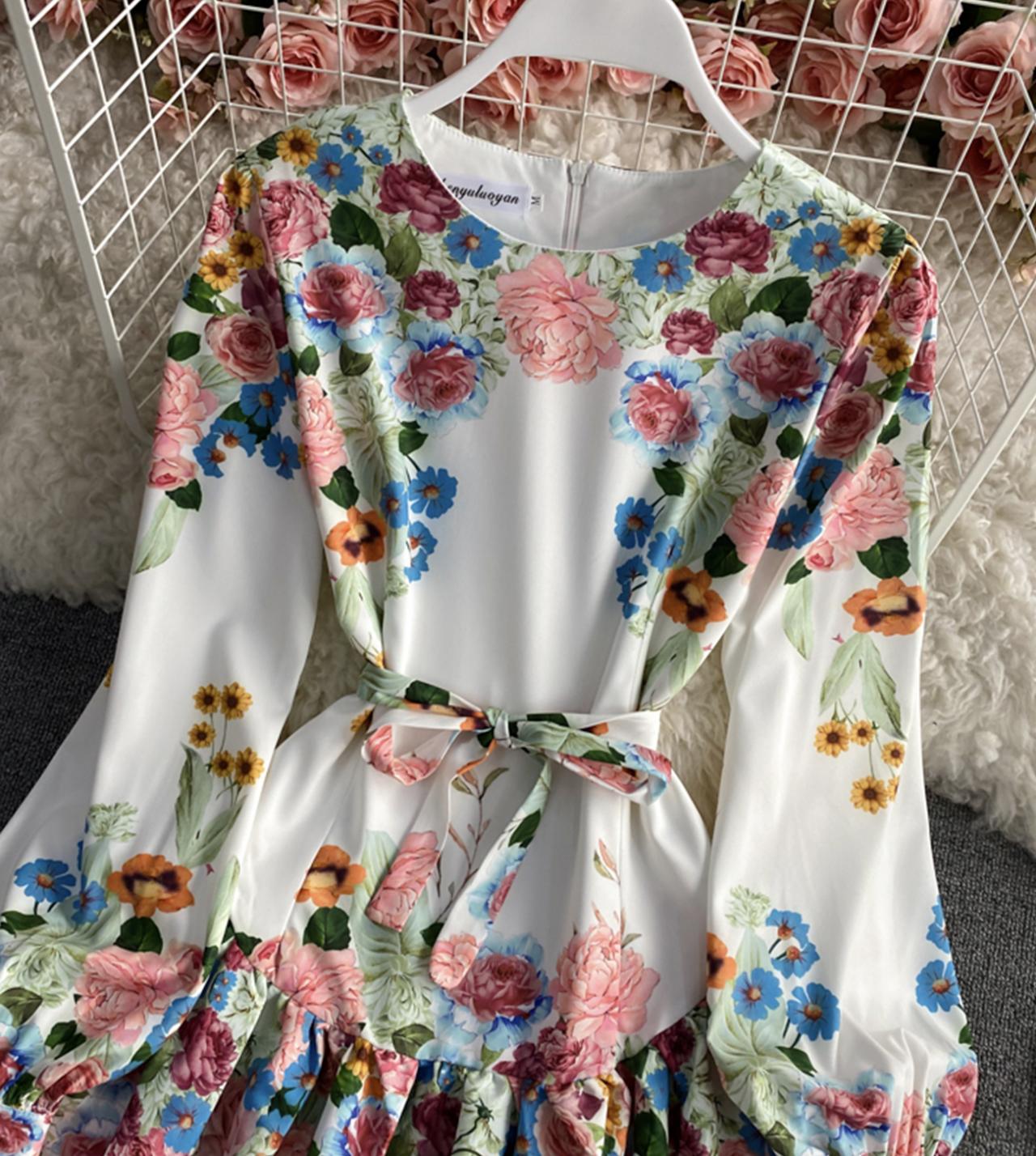 Stylish A line floral dress long sleeve dress  803