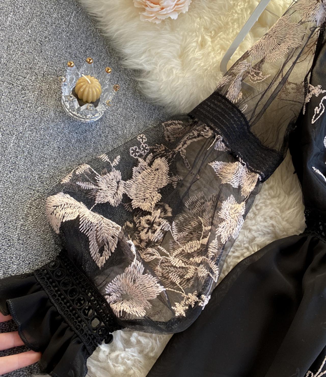 Unique A line embroidery dress black dress  828