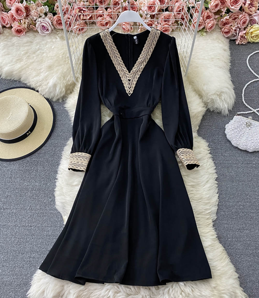 Elegant v neck lace long sleeve dress black dress  854