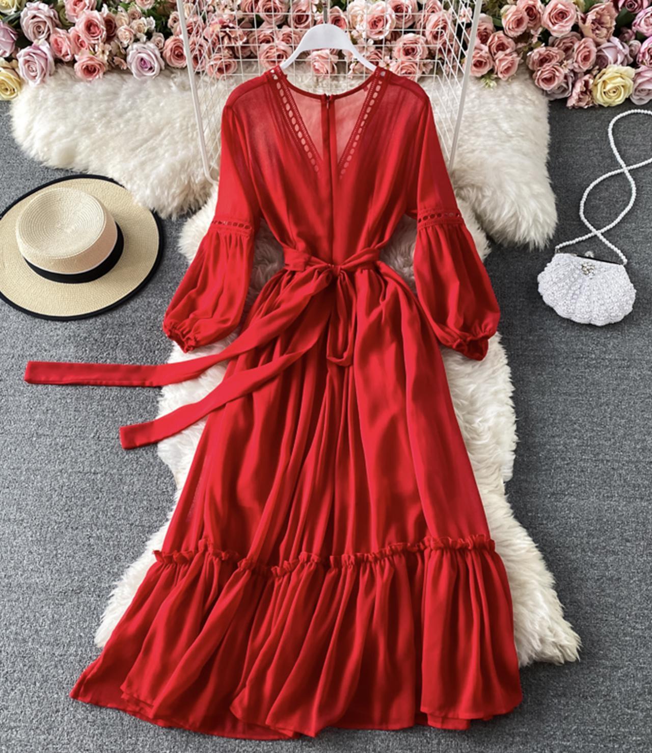Red A line chiffon dress fashion girl dress  840