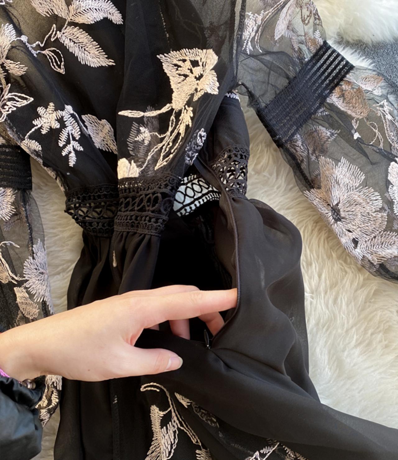 Unique A line embroidery dress black dress  828