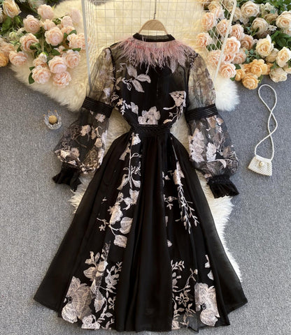 Unique A line embroidery dress black dress  828