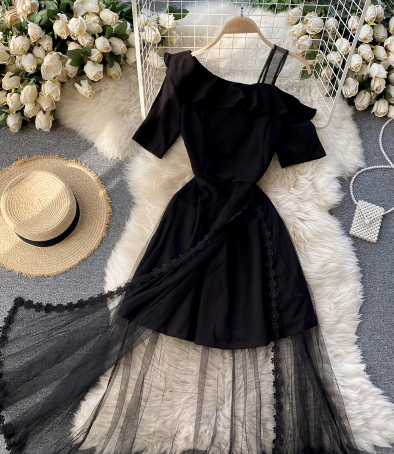 Black one shoulder dress black lace dress  785
