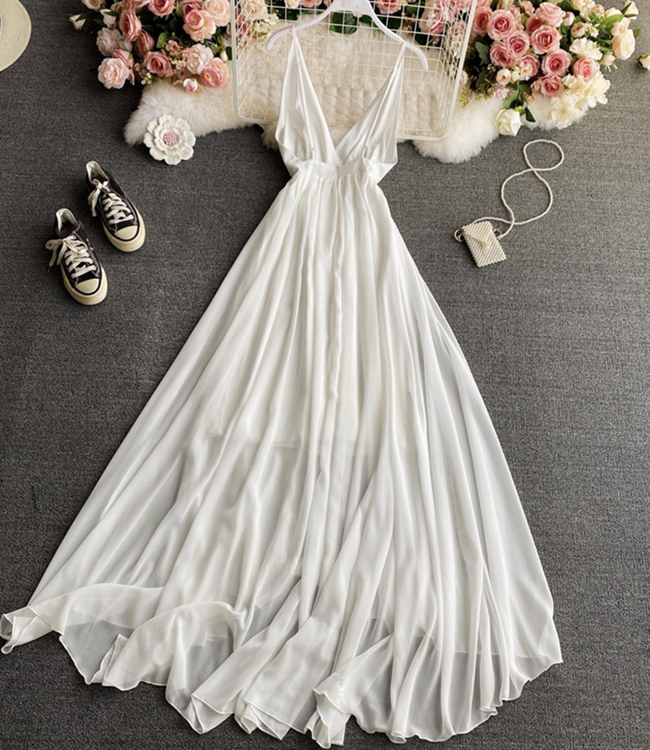 Einfaches Chiffonkleid in A-Linie, weißes Kleid mit V-Ausschnitt 824