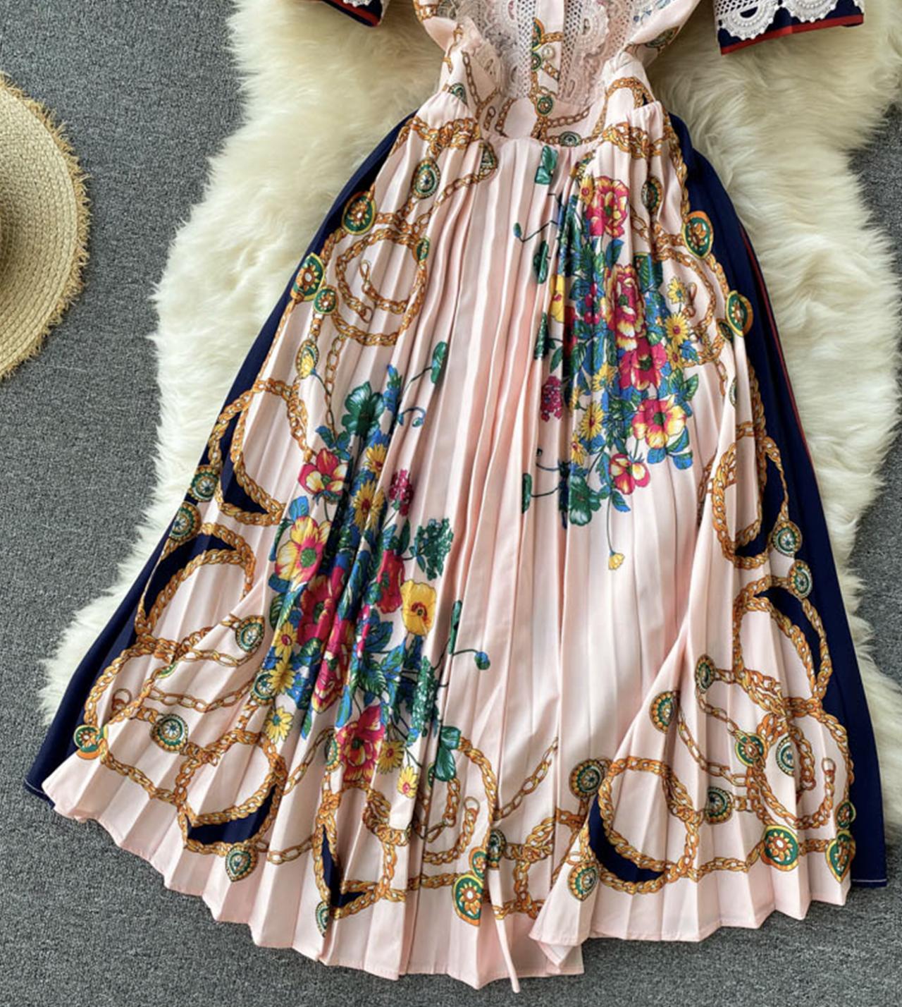Pink A line floral pattern dress long sleeve dress  795