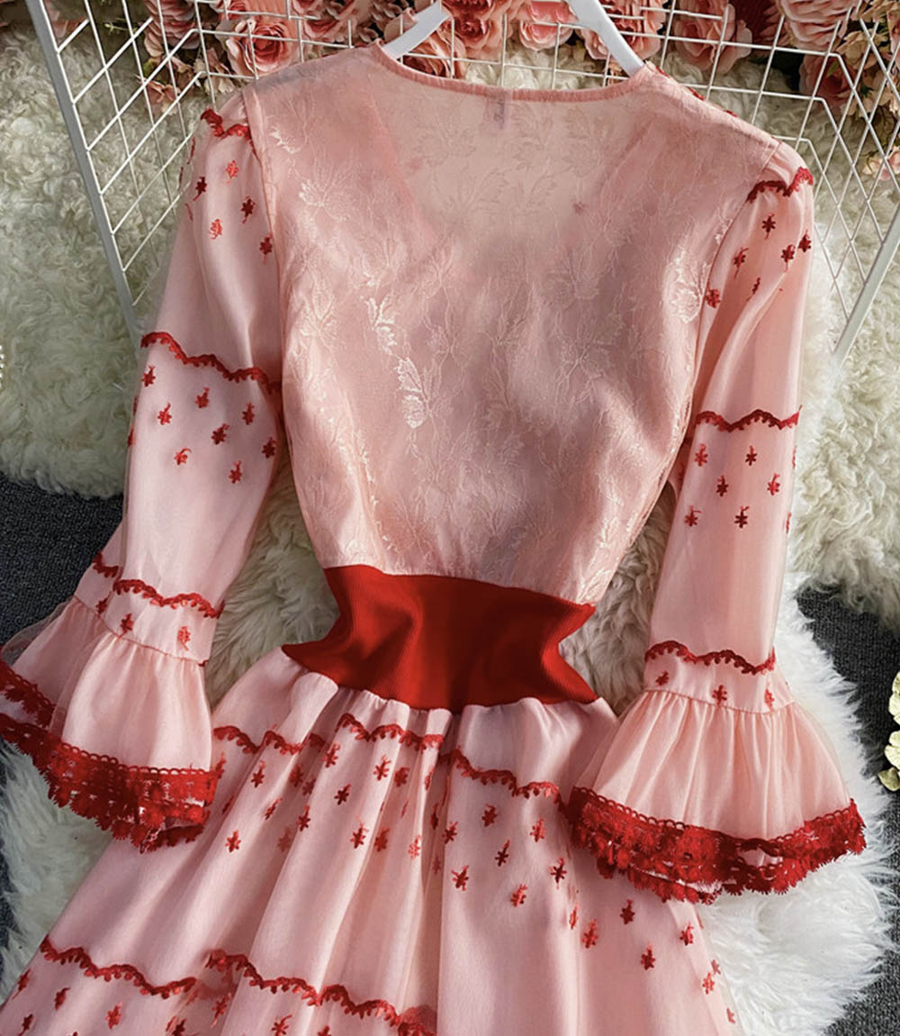 Pink A line lace short dress fashion dress  842