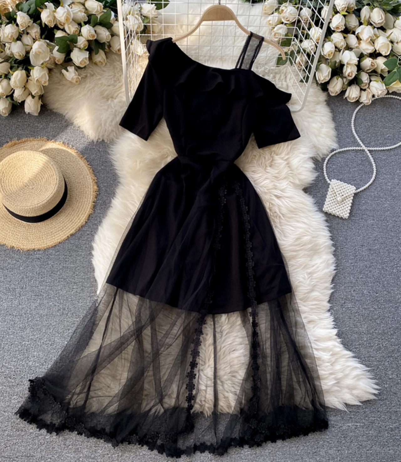Schwarzes Kleid mit einer Schulter Schwarzes Spitzenkleid 785