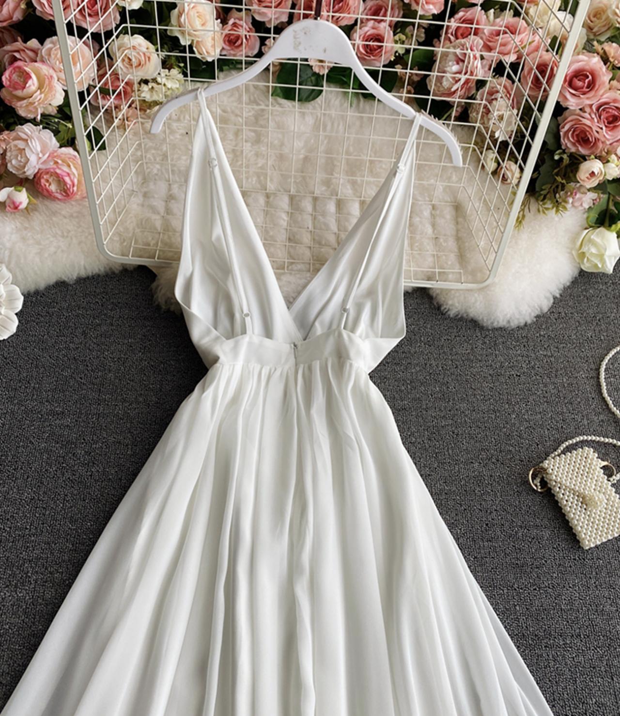 Simple A line chiffon dress white v neck dress  824