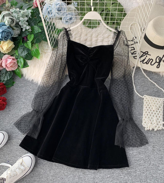 Black velvet short dress long sleeve dress  805