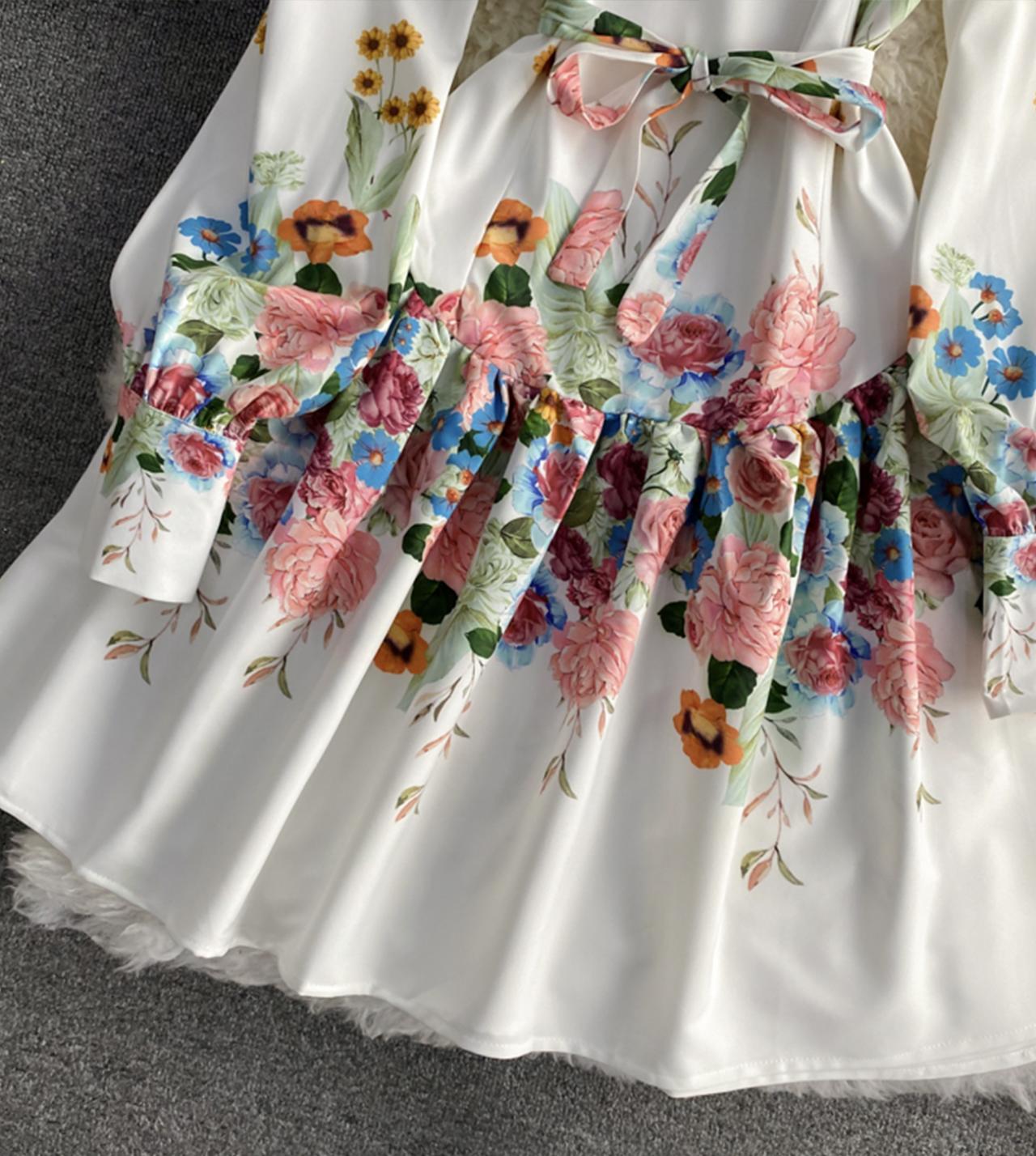 Stylish A line floral dress long sleeve dress  803